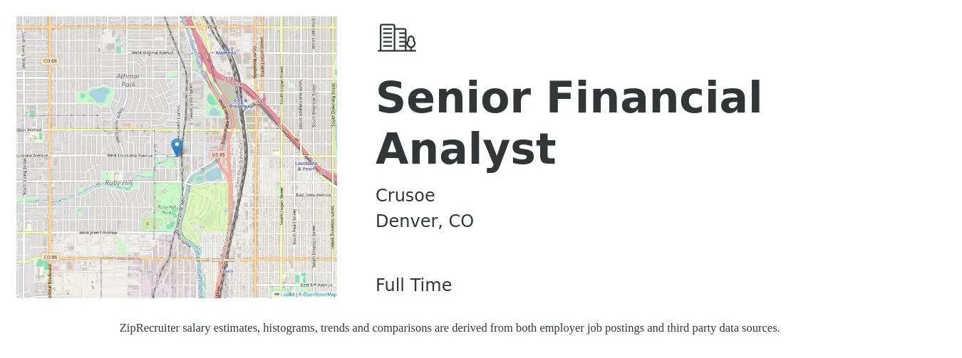 Crusoe job posting for a Senior Financial Analyst in Denver, CO with a salary of $88,000 to $109,600 Yearly with a map of Denver location.