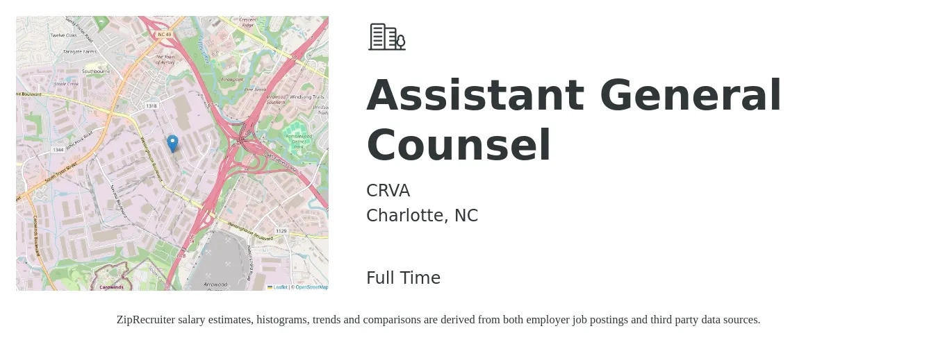 CRVA job posting for a Assistant General Counsel in Charlotte, NC with a salary of $93,800 to $156,800 Yearly with a map of Charlotte location.