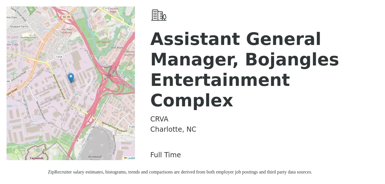 CRVA job posting for a Assistant General Manager, Bojangles Entertainment Complex in Charlotte, NC with a salary of $16 to $24 Hourly with a map of Charlotte location.