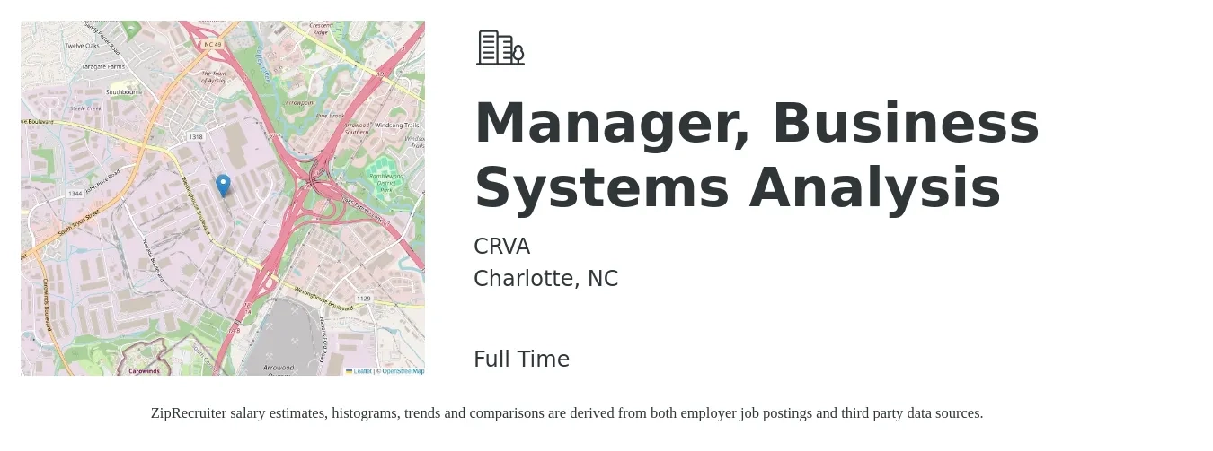 CRVA job posting for a Manager, Business Systems Analysis in Charlotte, NC with a salary of $39 to $60 Hourly with a map of Charlotte location.