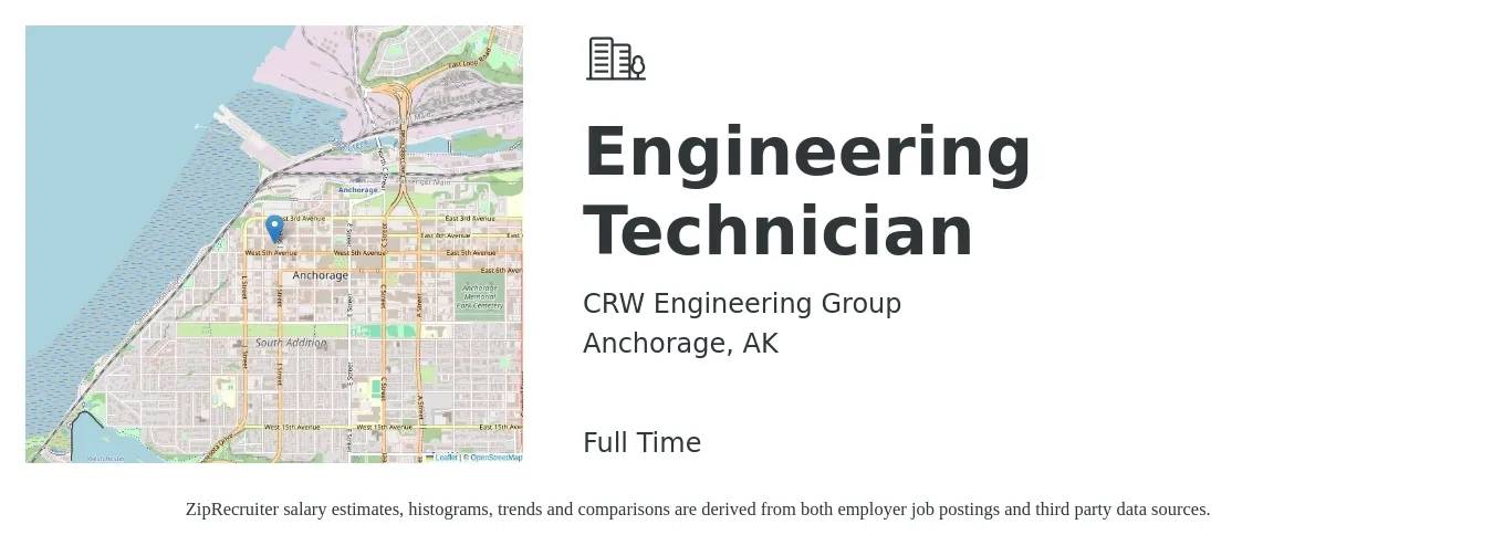 CRW Engineering Group job posting for a Engineering Technician in Anchorage, AK with a salary of $48,000 to $73,500 Yearly with a map of Anchorage location.