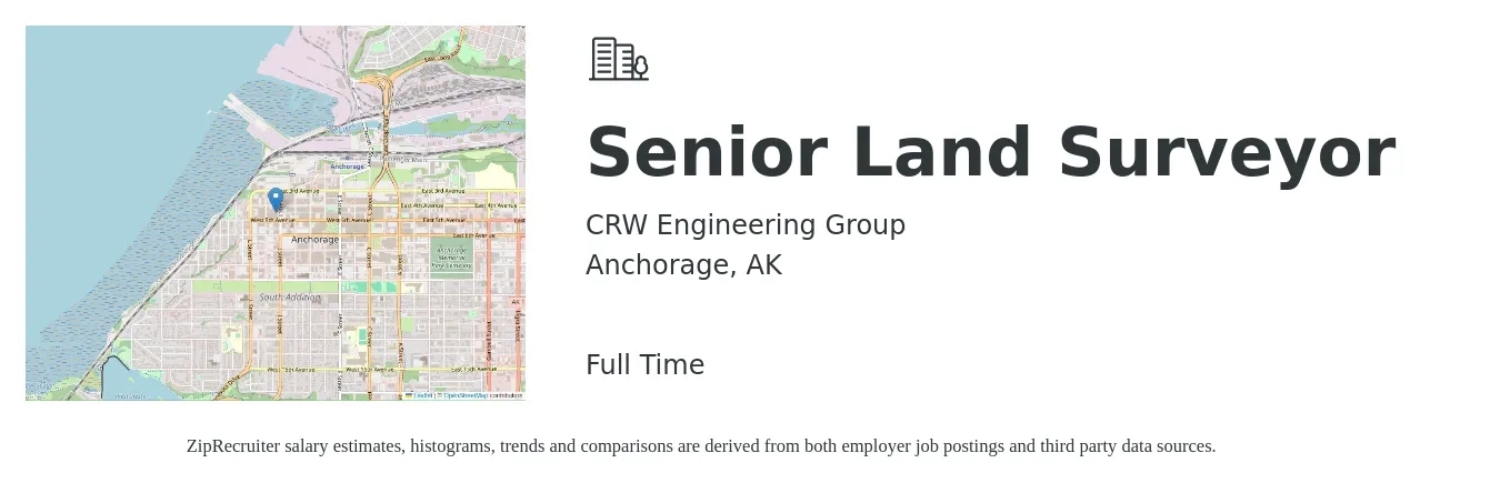 CRW Engineering Group job posting for a Senior Land Surveyor in Anchorage, AK with a salary of $124,000 Yearly with a map of Anchorage location.