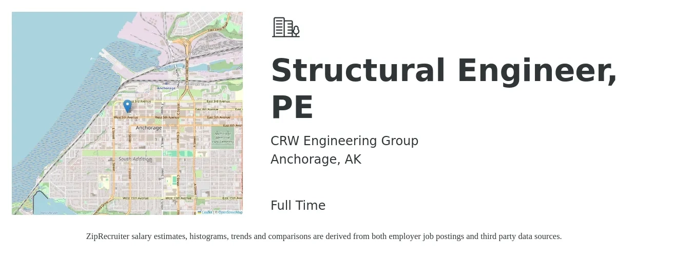 CRW Engineering Group job posting for a Structural Engineer, PE in Anchorage, AK with a salary of $55 to $65 Hourly with a map of Anchorage location.