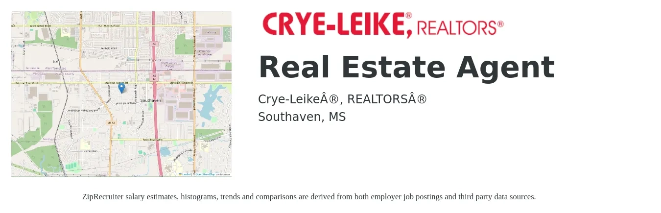 Crye-Leike®, REALTORS® job posting for a Real Estate Agent in Southaven, MS with a salary of $50,000 to $100,000 Yearly with a map of Southaven location.
