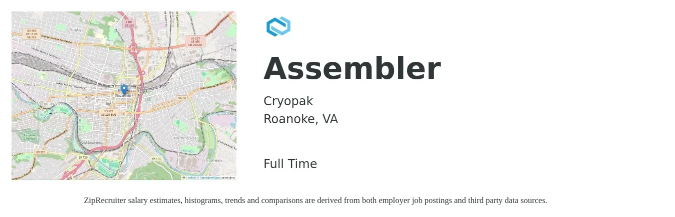 Cryopak job posting for a Assembler in Roanoke, VA with a salary of $16 to $20 Hourly with a map of Roanoke location.