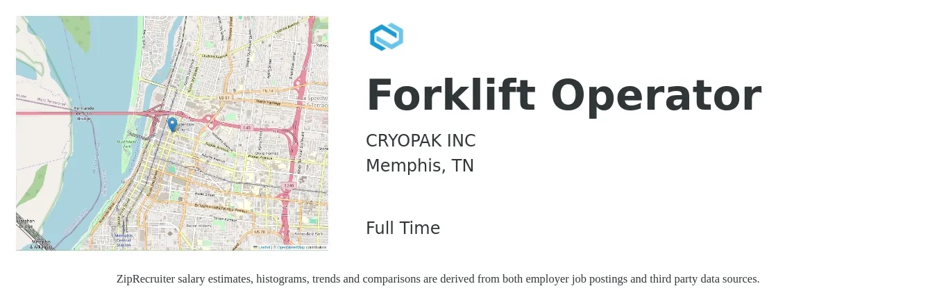 CRYOPAK INC job posting for a Forklift Operator in Memphis, TN with a salary of $16 to $20 Hourly with a map of Memphis location.