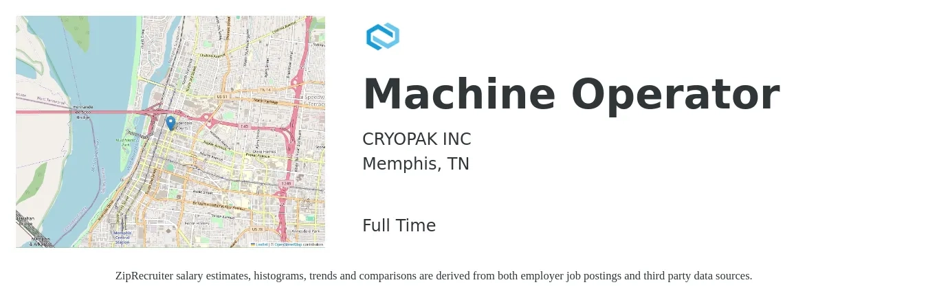 CRYOPAK INC job posting for a Machine Operator in Memphis, TN with a salary of $16 to $20 Hourly with a map of Memphis location.