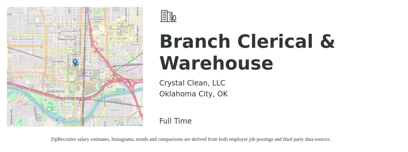 Crystal Clean, LLC job posting for a Branch Clerical & Warehouse in Oklahoma City, OK with a salary of $13 to $18 Hourly with a map of Oklahoma City location.