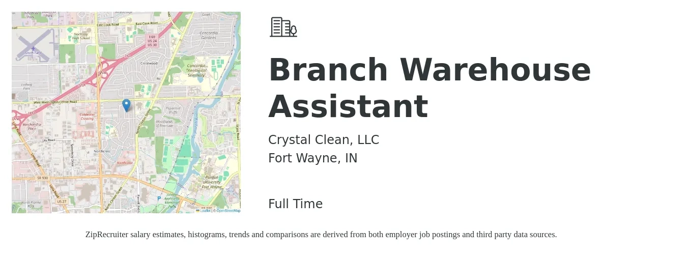 Crystal Clean, LLC job posting for a Branch Warehouse Assistant in Fort Wayne, IN with a salary of $16 to $19 Hourly with a map of Fort Wayne location.