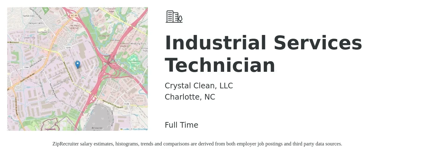 Crystal Clean, LLC job posting for a Industrial Services Technician in Charlotte, NC with a salary of $36,600 to $42,500 Yearly with a map of Charlotte location.