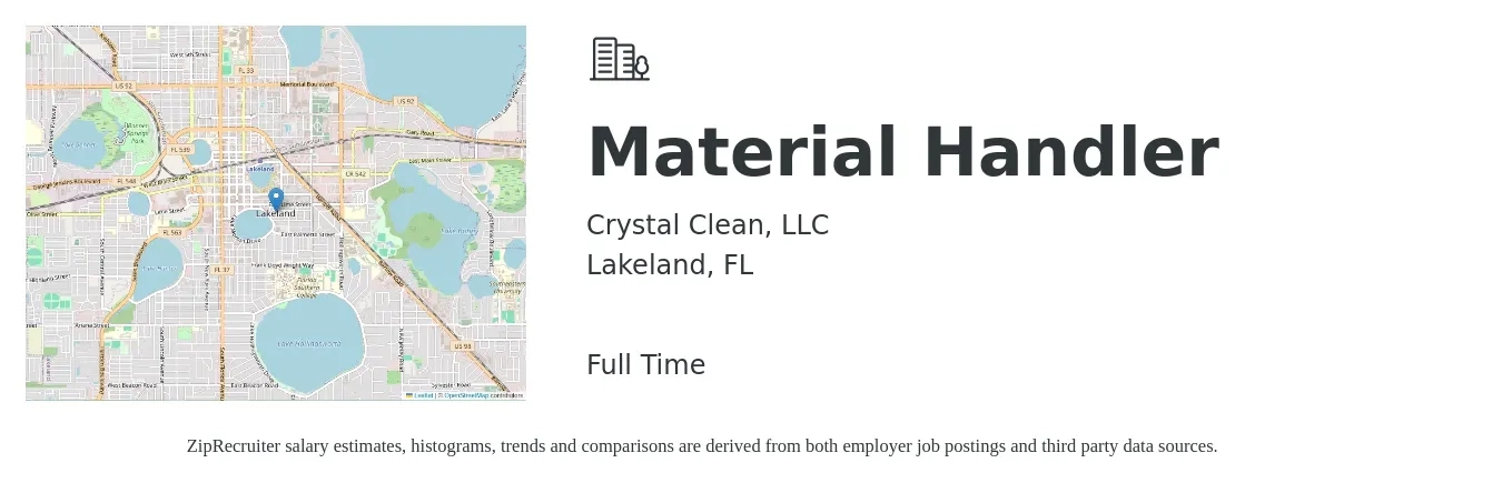 Crystal Clean, LLC job posting for a Material Handler in Lakeland, FL with a salary of $16 to $19 Hourly with a map of Lakeland location.