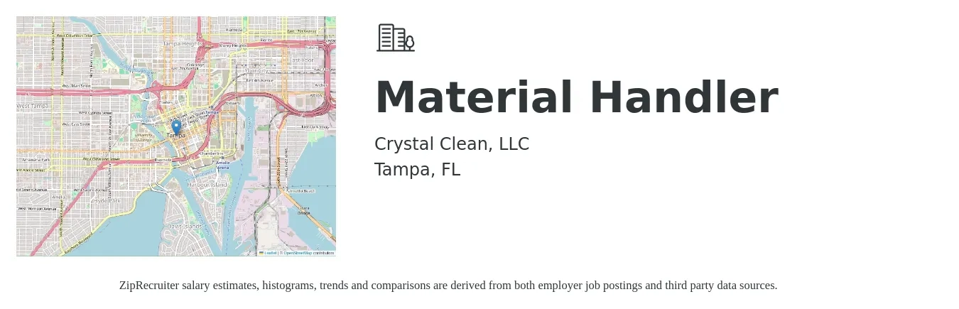 Crystal Clean, LLC job posting for a Material Handler in Tampa, FL with a salary of $16 to $19 Hourly with a map of Tampa location.