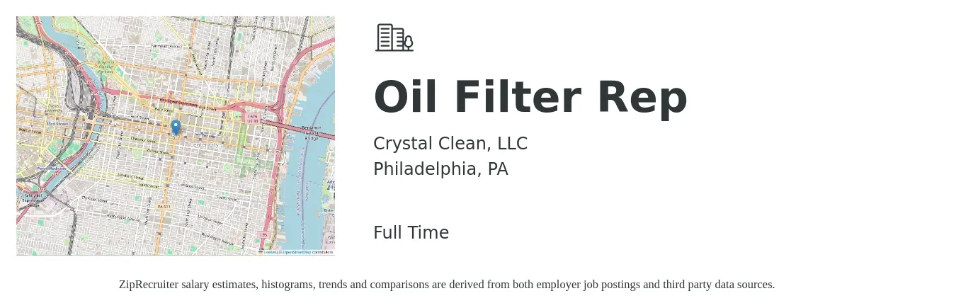 Crystal Clean, LLC job posting for a Oil Filter Rep in Philadelphia, PA with a salary of $1,100 Weekly with a map of Philadelphia location.