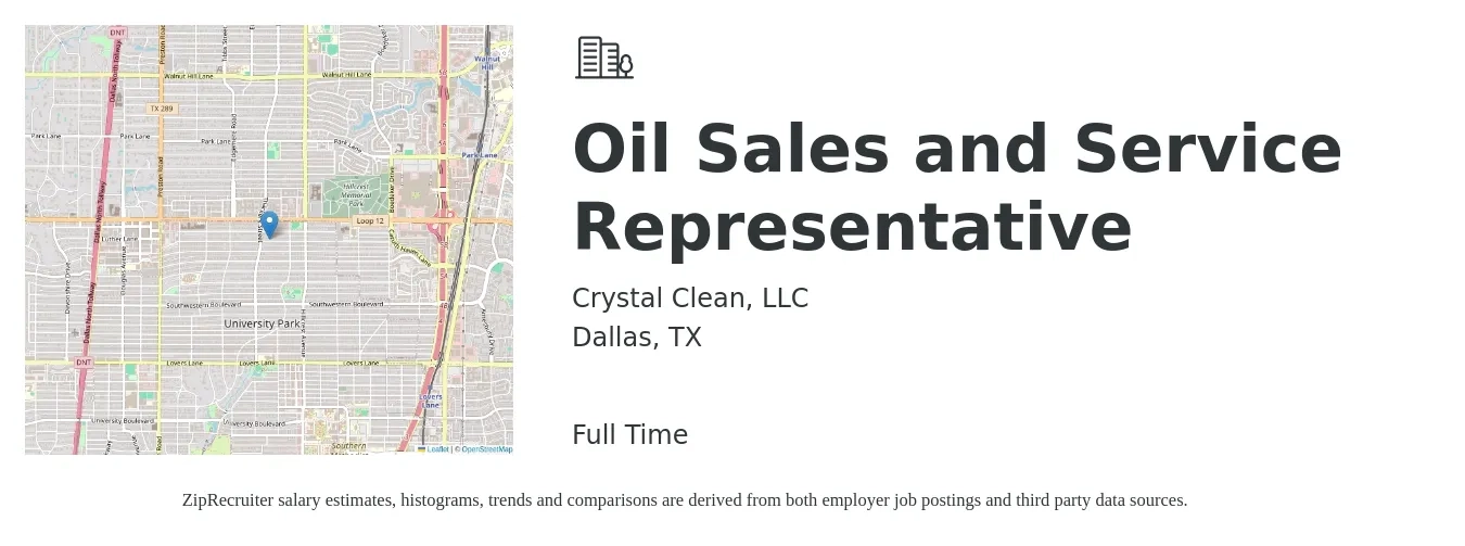 Crystal Clean, LLC job posting for a Oil Sales and Service Representative in Dallas, TX with a salary of $1,100 Weekly with a map of Dallas location.