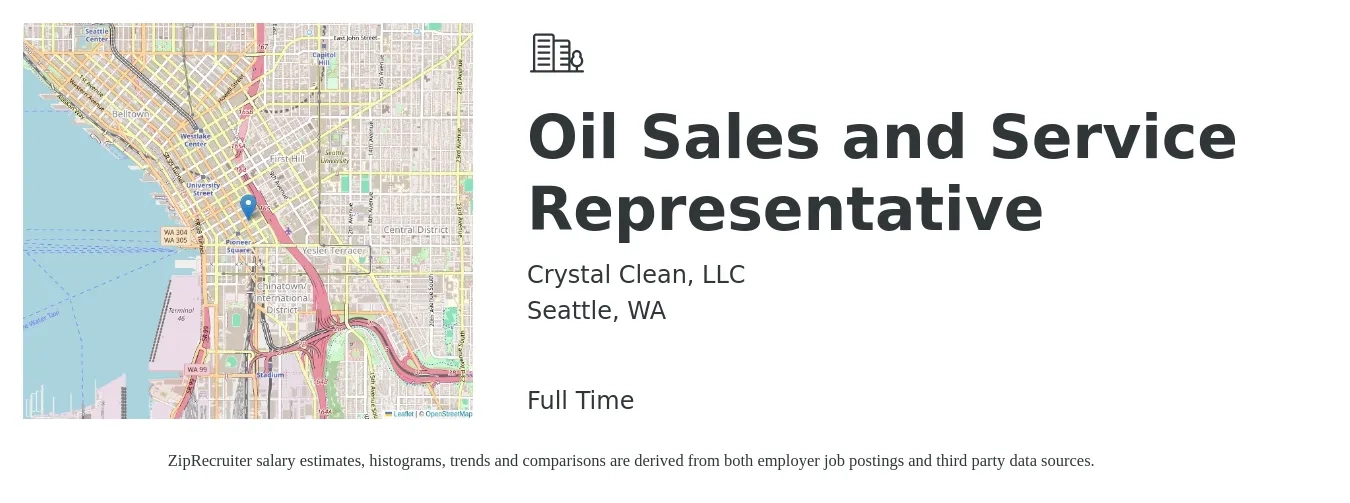 Crystal Clean, LLC job posting for a Oil Sales and Service Representative in Seattle, WA with a salary of $1,100 Weekly with a map of Seattle location.
