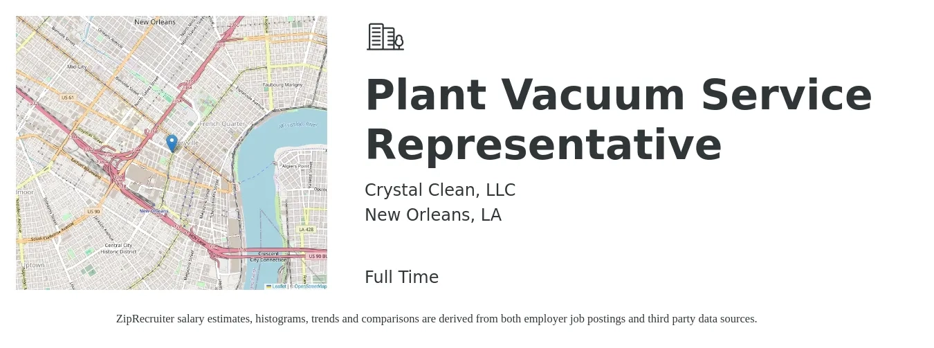 Crystal Clean, LLC job posting for a Plant Vacuum Service Representative in New Orleans, LA with a salary of $14 to $22 Hourly with a map of New Orleans location.