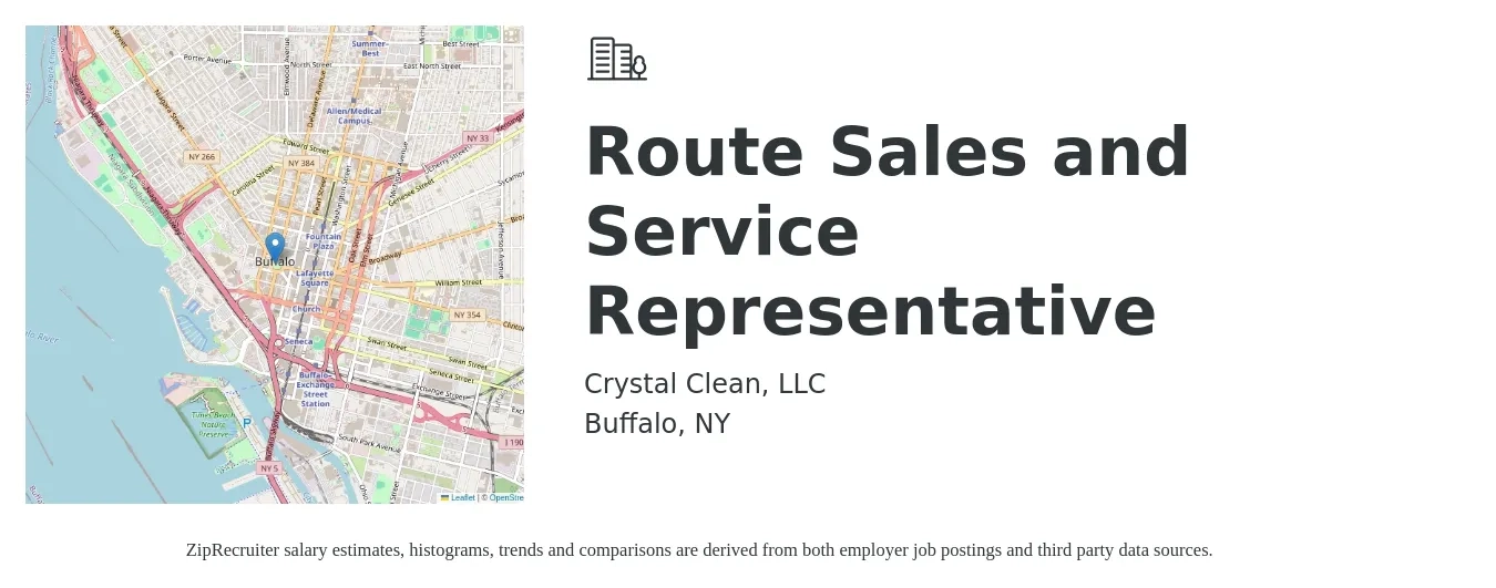 Crystal Clean, LLC job posting for a Route Sales and Service Representative in Buffalo, NY with a salary of $1,100 Weekly with a map of Buffalo location.