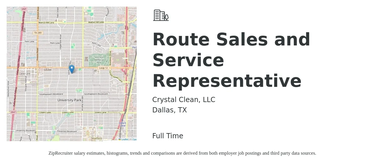 Crystal Clean, LLC job posting for a Route Sales and Service Representative in Dallas, TX with a salary of $1,100 Weekly with a map of Dallas location.