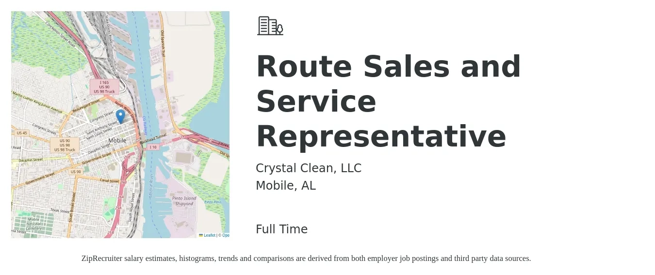 Crystal Clean, LLC job posting for a Route Sales and Service Representative in Mobile, AL with a salary of $1,100 Weekly with a map of Mobile location.