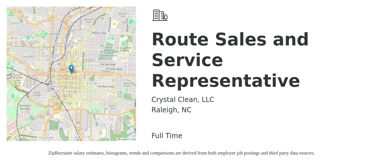 Crystal Clean, LLC job posting for a Route Sales and Service Representative in Raleigh, NC with a salary of $1,100 Weekly with a map of Raleigh location.