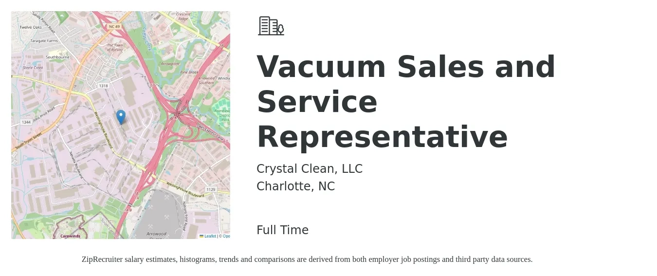 Crystal Clean, LLC job posting for a Vacuum Sales and Service Representative in Charlotte, NC with a salary of $1,100 Weekly with a map of Charlotte location.