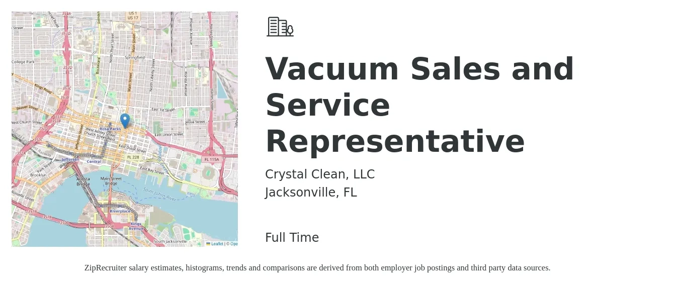 Crystal Clean, LLC job posting for a Vacuum Sales and Service Representative in Jacksonville, FL with a salary of $1,100 Weekly with a map of Jacksonville location.