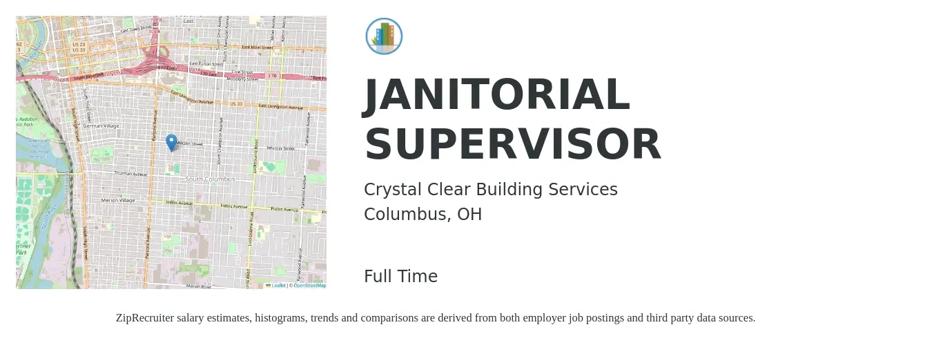 Crystal Clear Building Services job posting for a JANITORIAL SUPERVISOR in Columbus, OH with a salary of $14 to $18 Hourly with a map of Columbus location.