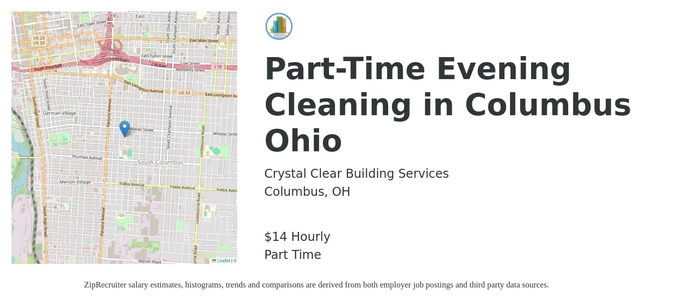 Crystal Clear Building Services job posting for a Part-Time Evening Cleaning in Columbus Ohio in Columbus, OH with a salary of $15 Hourly with a map of Columbus location.