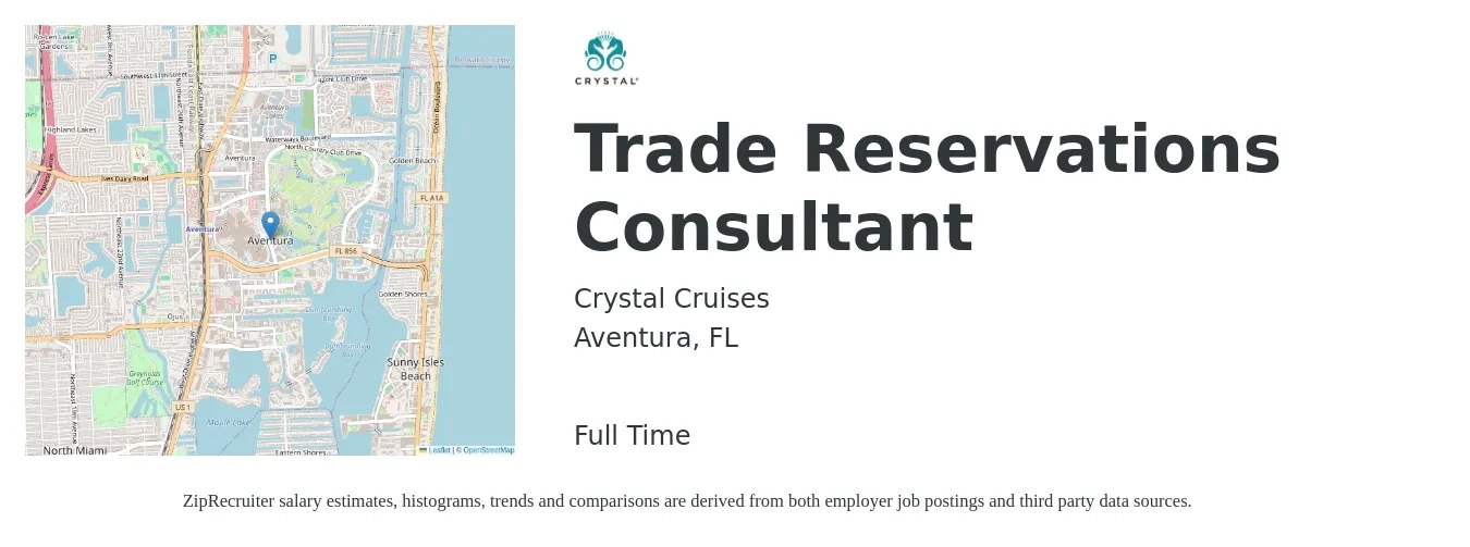 Crystal Cruises job posting for a Trade Reservations Consultant in Aventura, FL with a salary of $14 to $19 Hourly with a map of Aventura location.