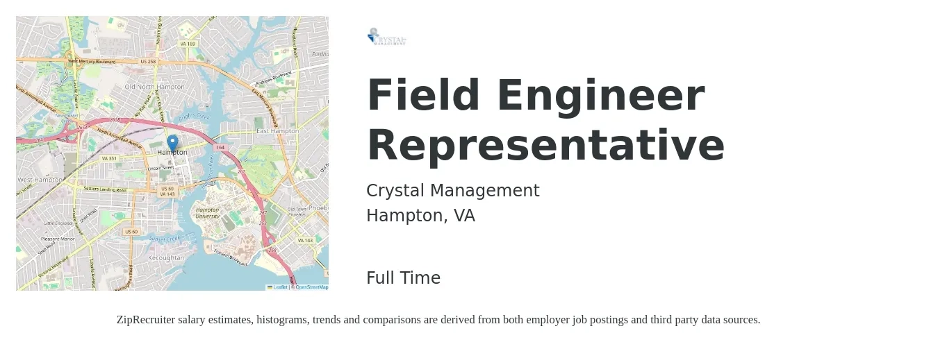 Crystal Management job posting for a Field Engineer Representative in Hampton, VA with a salary of $49,900 to $73,900 Yearly with a map of Hampton location.