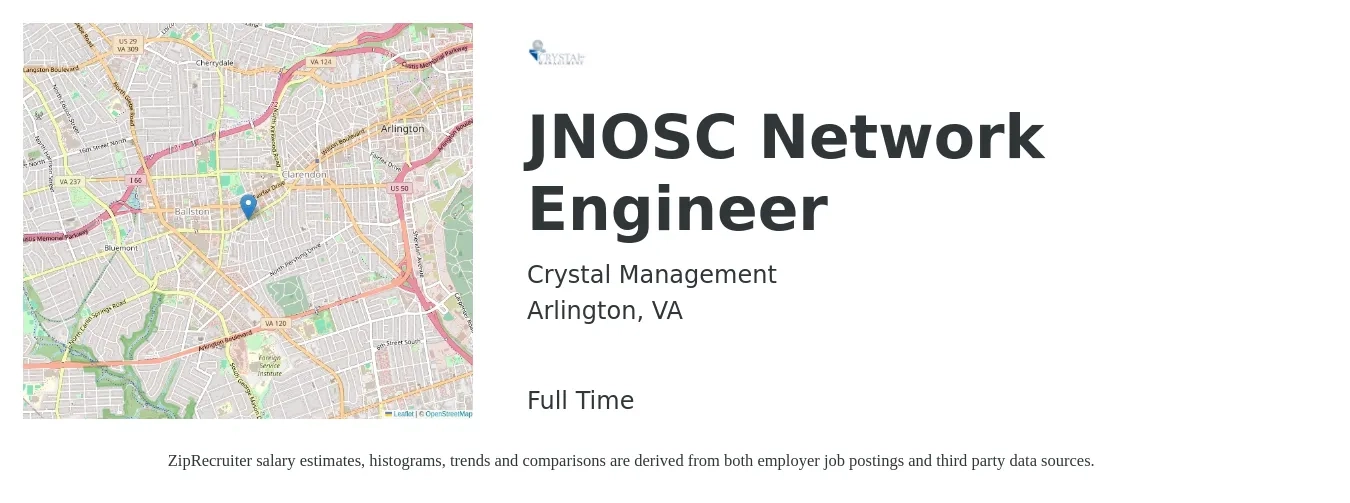 Crystal Management job posting for a JNOSC Network Engineer in Arlington, VA with a salary of $102,400 to $153,600 Yearly with a map of Arlington location.