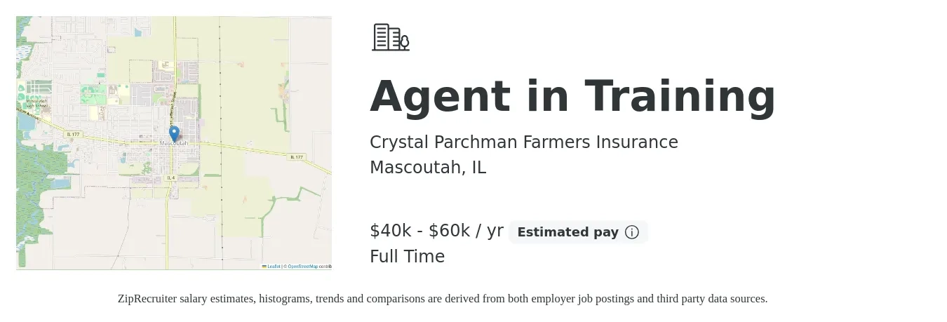 Crystal Parchman Farmers Insurance job posting for a Agent in Training in Mascoutah, IL with a salary of $40,000 to $60,000 Yearly with a map of Mascoutah location.