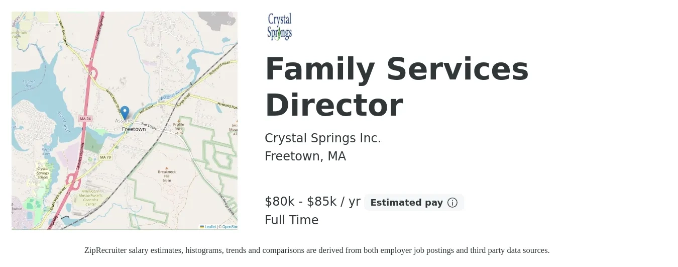 Crystal Springs Inc. job posting for a Family Services Director in Freetown, MA with a salary of $80,000 to $85,000 Yearly with a map of Freetown location.