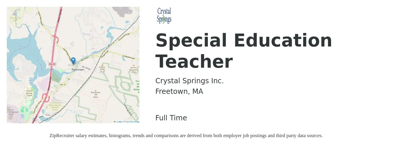 Crystal Springs, Inc. job posting for a Special Education Teacher in Freetown, MA with a salary of $50,200 to $66,300 Yearly with a map of Freetown location.