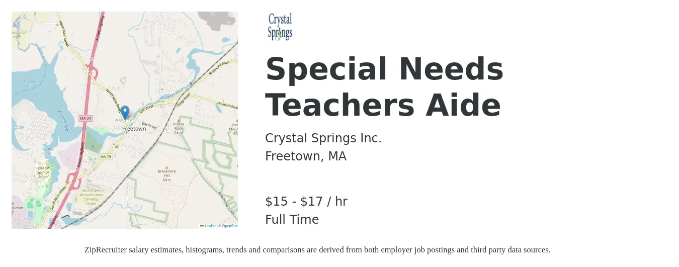 Crystal Springs Inc. job posting for a Special Needs Teachers Aide in Freetown, MA with a salary of $16 to $18 Hourly with a map of Freetown location.