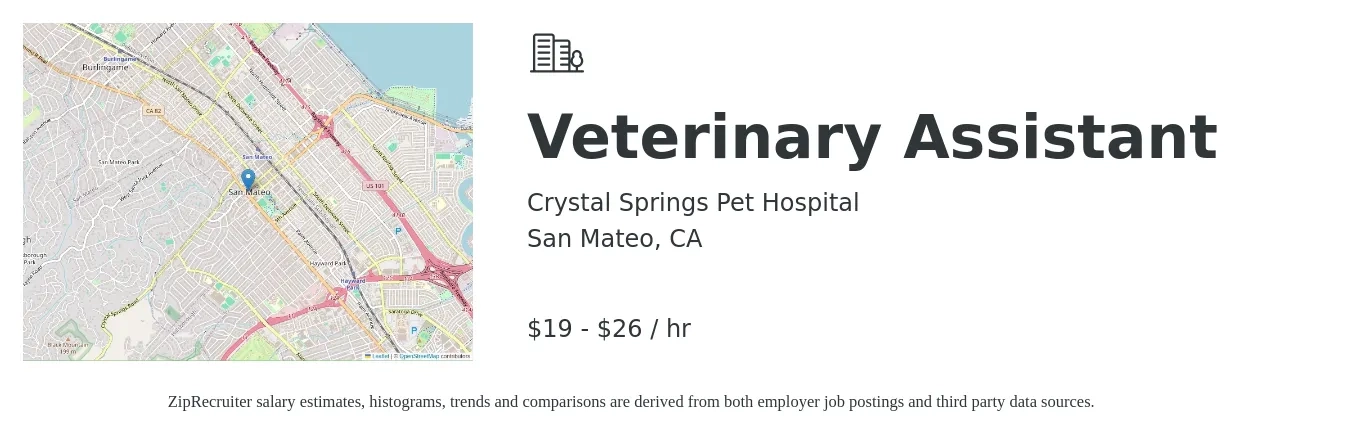 Crystal Springs Pet Hospital job posting for a Veterinary Assistant in San Mateo, CA with a salary of $18 to $22 Hourly with a map of San Mateo location.