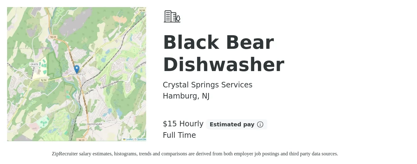 Crystal Springs Services job posting for a Black Bear Dishwasher in Hamburg, NJ with a salary of $16 Hourly with a map of Hamburg location.