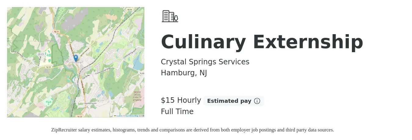 Crystal Springs Services job posting for a Culinary Externship in Hamburg, NJ with a salary of $16 Hourly with a map of Hamburg location.