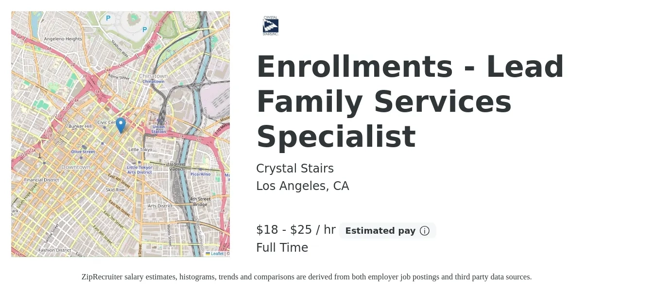 Crystal Stairs job posting for a Enrollments - Lead Family Services Specialist in Los Angeles, CA with a salary of $19 to $26 Hourly with a map of Los Angeles location.