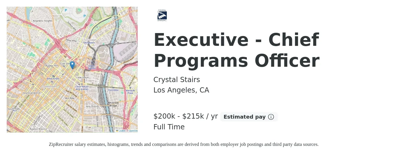 Crystal Stairs job posting for a Executive - Chief Programs Officer in Los Angeles, CA with a salary of $200,000 to $215,000 Yearly with a map of Los Angeles location.