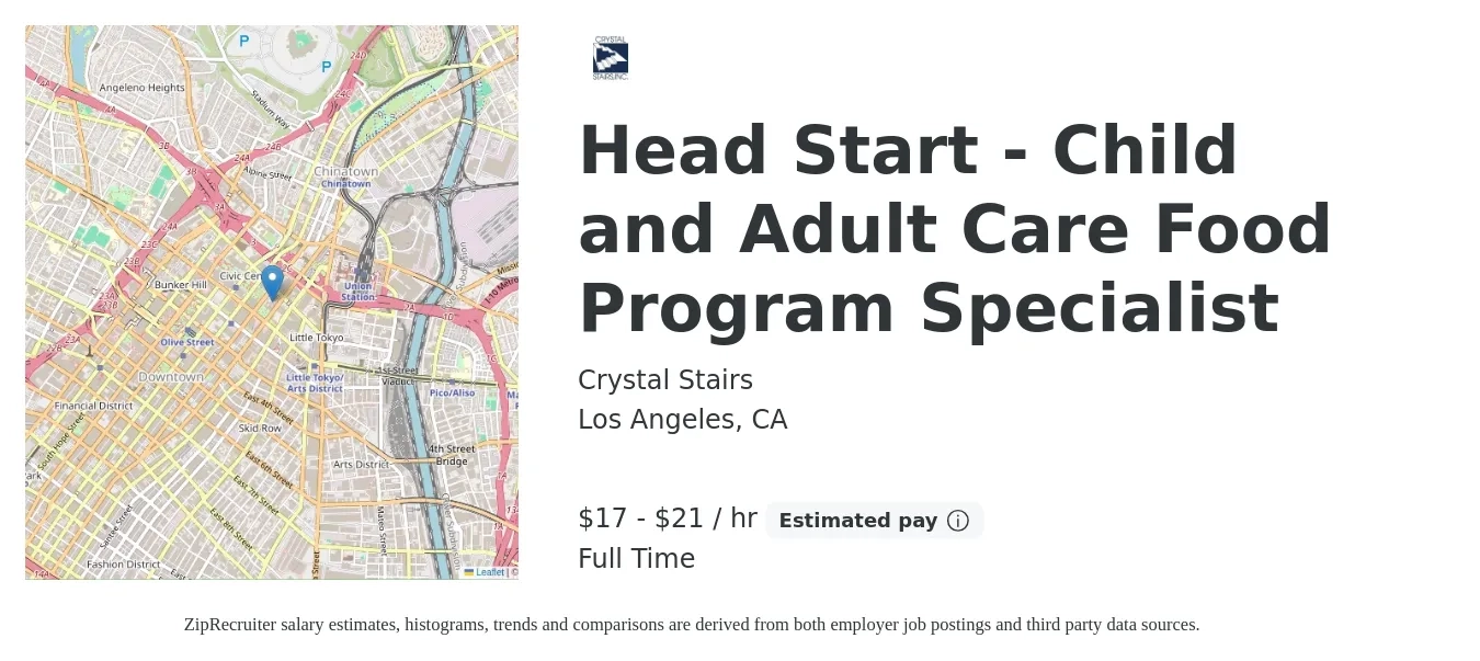 Crystal Stairs job posting for a Head Start - Child and Adult Care Food Program Specialist in Los Angeles, CA with a salary of $18 to $22 Hourly with a map of Los Angeles location.