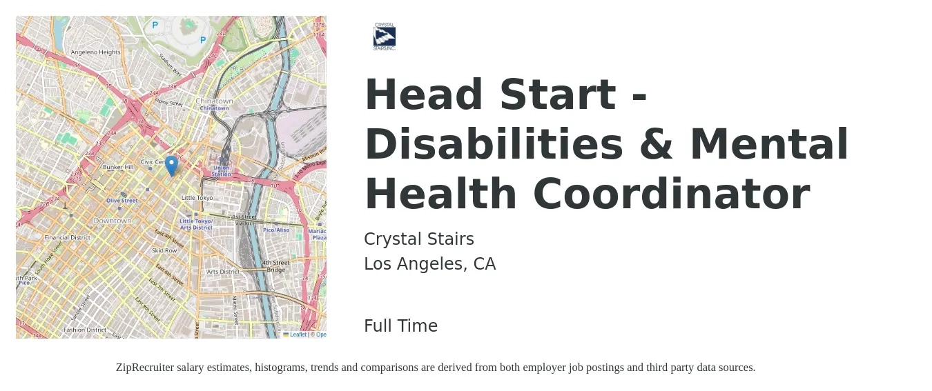 Crystal Stairs job posting for a Head Start - Disabilities & Mental Health Coordinator in Los Angeles, CA with a salary of $66,560 to $69,274 Yearly with a map of Los Angeles location.