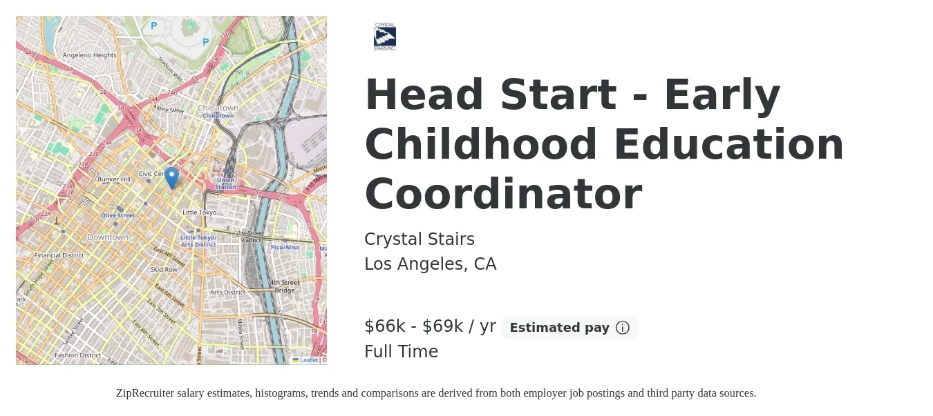 Crystal Stairs job posting for a Head Start - Early Childhood Education Coordinator in Los Angeles, CA with a salary of $66,560 to $69,274 Yearly with a map of Los Angeles location.