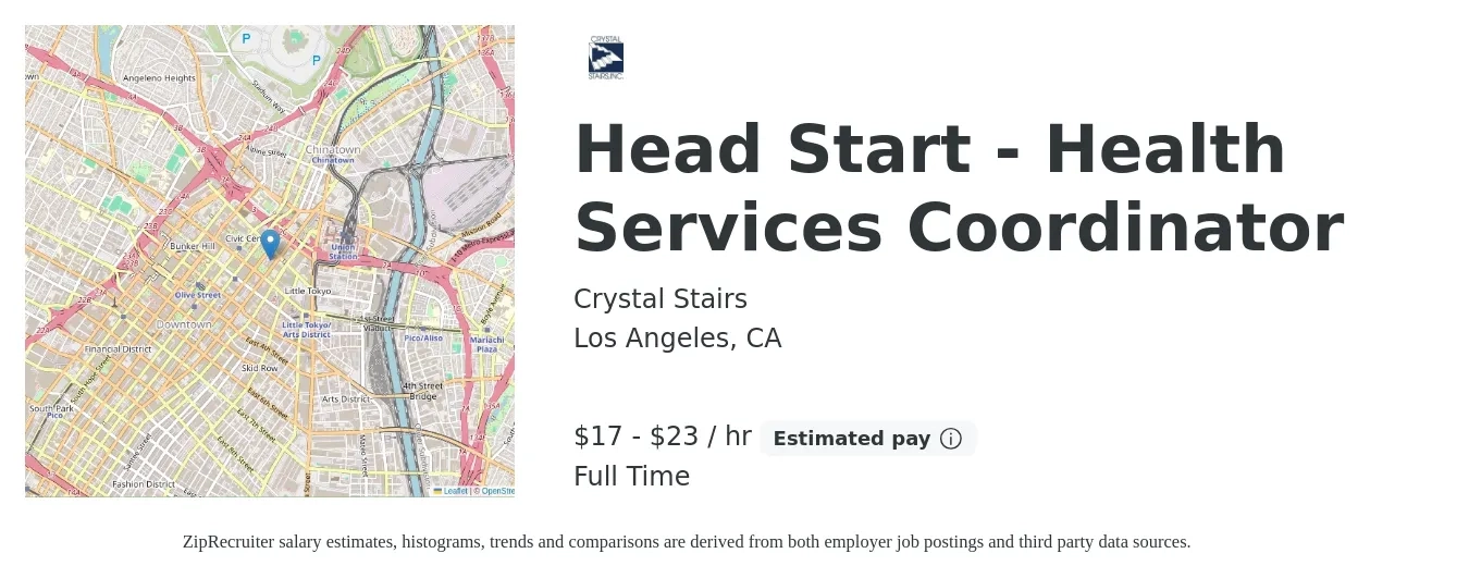 Crystal Stairs job posting for a Head Start - Health Services Coordinator in Los Angeles, CA with a salary of $18 to $25 Hourly with a map of Los Angeles location.