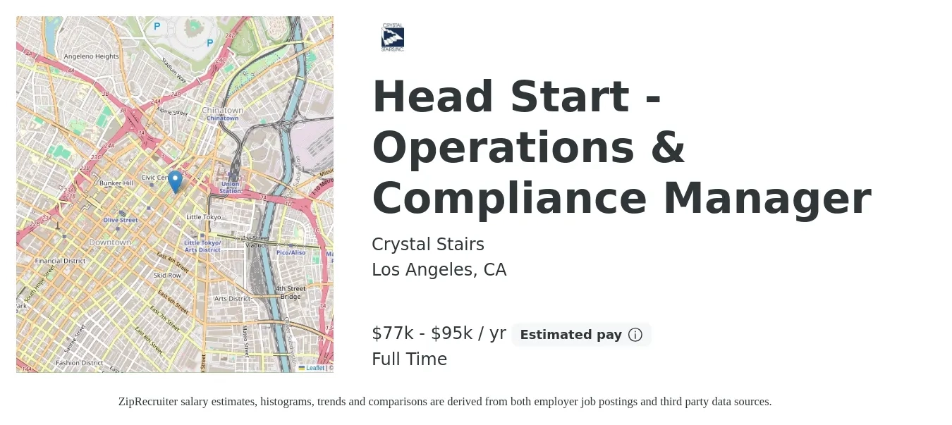 Crystal Stairs job posting for a Head Start - Operations & Compliance Manager in Los Angeles, CA with a salary of $77,921 to $95,236 Yearly with a map of Los Angeles location.