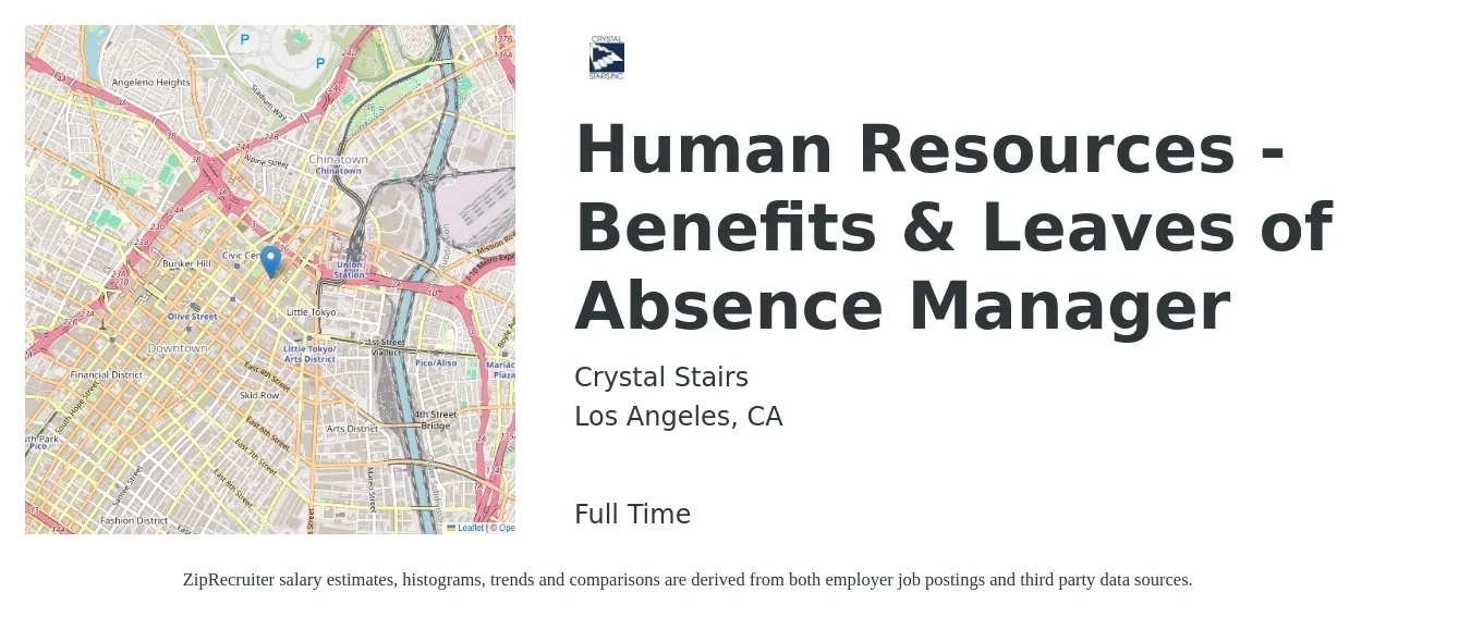Crystal Stairs job posting for a Human Resources - Benefits & Leaves of Absence Manager in Los Angeles, CA with a salary of $85,974 to $118,194 Yearly with a map of Los Angeles location.