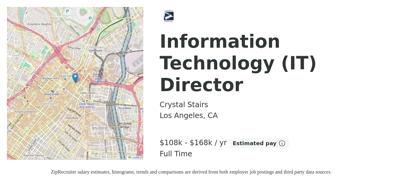 Crystal Stairs job posting for a Information Technology (IT) Director in Los Angeles, CA with a salary of $108,580 to $168,172 Yearly with a map of Los Angeles location.
