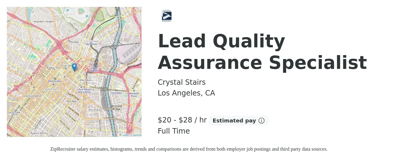Crystal Stairs job posting for a Lead Quality Assurance Specialist in Los Angeles, CA with a salary of $21 to $30 Hourly with a map of Los Angeles location.