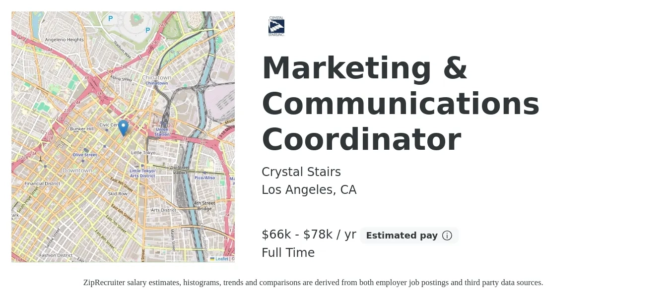 Crystal Stairs job posting for a Marketing & Communications Coordinator in Los Angeles, CA with a salary of $66,580 to $78,715 Yearly with a map of Los Angeles location.