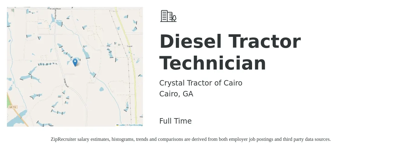 Crystal Tractor of Cairo job posting for a Diesel Tractor Technician in Cairo, GA with a salary of $18 to $25 Hourly with a map of Cairo location.